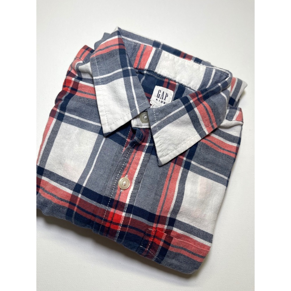 Gap Kids XL 12 Regular Plaid Button Down Shirt Navy Red White Long Sleeve 0354
